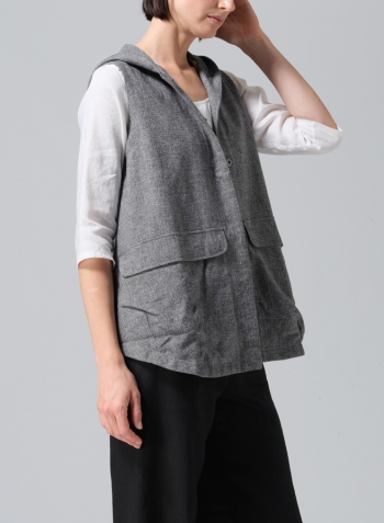 Two Tone Gray Black Linen Hooded Vest Set