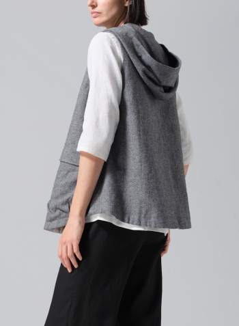 Two Tone Gray Black Linen Hooded Vest Set