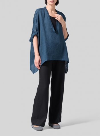 Oriental Blue Linen Loose Delicate Deep V-neck Overtop