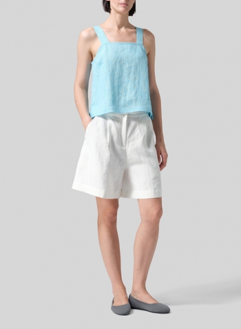 Aqua Blue Linen Square Neckline Button-Back Straight Short Tank