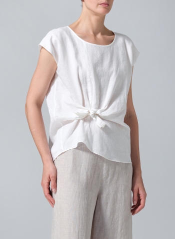 White Linen Waist Self-tied Ribbon Top