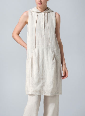 Oat Linen Sleeveless Hoodie Long Tunic Set