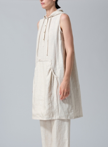 Oat Linen Sleeveless Hoodie Long Tunic Set