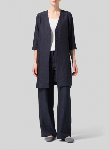 Denim Linen Straight Fit V-Neck Long Jacket