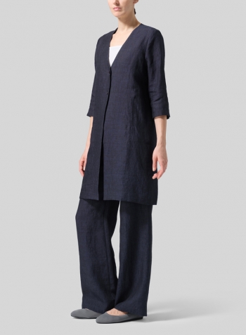 Denim Linen Straight Fit V-Neck Long Jacket