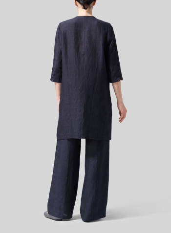 Denim Linen Straight Fit V-Neck Long Jacket