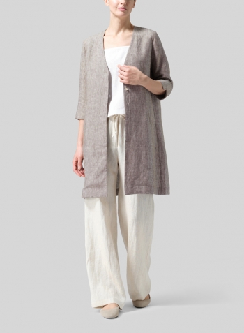 Two Tone Green White Linen Straight Fit V-Neck Long Jacket
