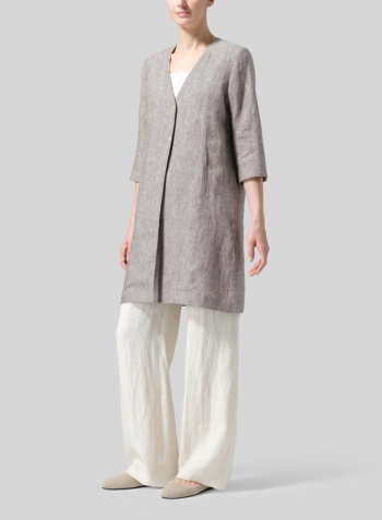 Two Tone Green White Linen Straight Fit V-Neck Long Jacket