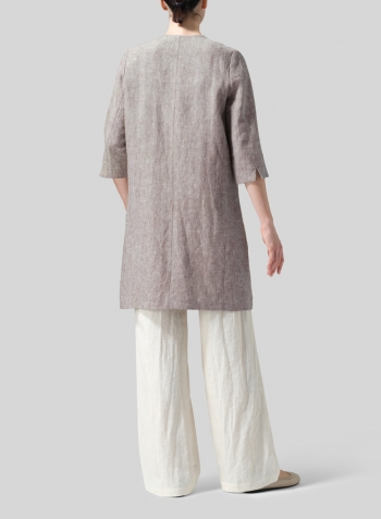 Two Tone Green White Linen Straight Fit V-Neck Long Jacket