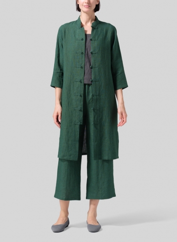 Green Linen Handmade Chinese Knot Buttons Long Tunic Set