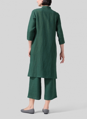 Green Linen Handmade Chinese Knot Buttons Long Tunic Set