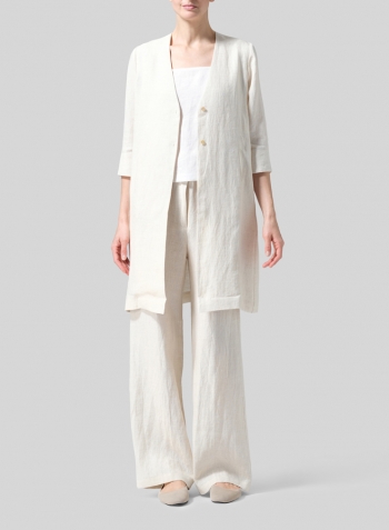 Linen Straight Fit V-Neck Long Jacket Set
