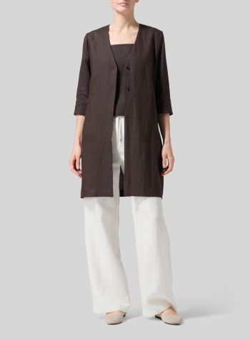 Dark Brown Linen Straight Fit V-Neck Long Jacket