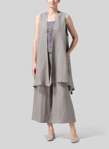 Warm Gray Linen A-Line Mid-Length Vest