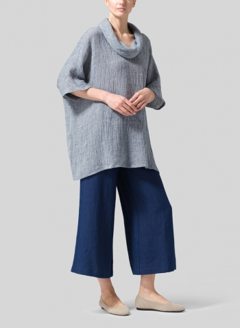 Dark Sky Blue Gauze Linen Turtleneck Tunic