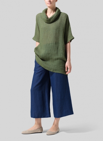 Dark Green Gauze Linen Turtleneck Tunic