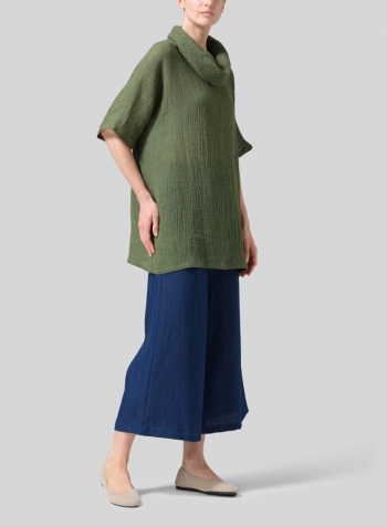 Dark Green Gauze Linen Turtleneck Tunic