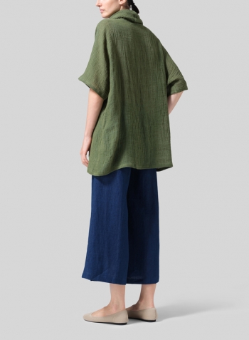 Dark Green Gauze Linen Turtleneck Tunic
