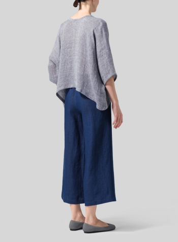 Two Tone Blue Gauze Linen Loose Deep V-Neck Top