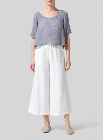 Two Tone Blue Linen Short-Sleeved Wide Round Neck Cropped Top