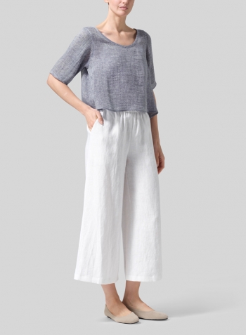 Two Tone Blue Linen Short-Sleeved Wide Round Neck Cropped Top