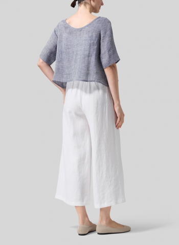Two Tone Blue Linen Short-Sleeved Wide Round Neck Cropped Top