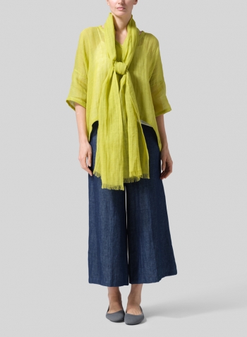 Yellow Gauze Linen Loose Deep V-Neck Top with Scarf