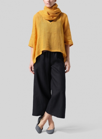 Pale Orange Gauze Linen Loose Deep V-Neck Top with Scarf