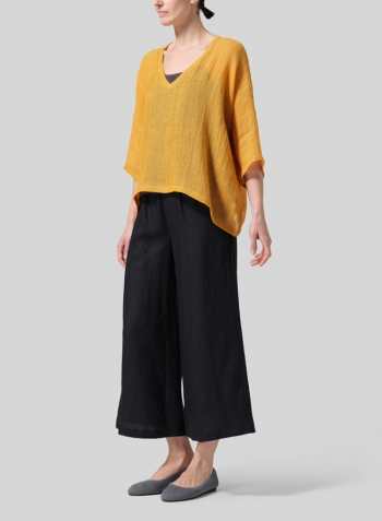 Pale Orange Gauze Linen Loose Deep V-Neck Top with Scarf