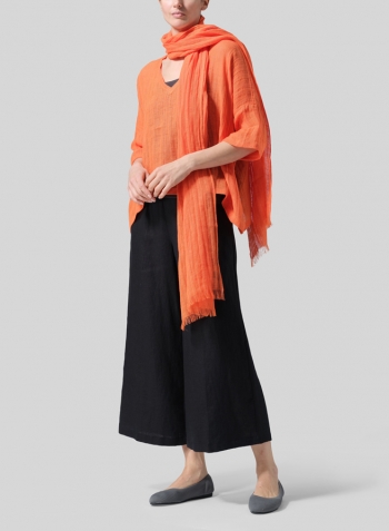 Gauze Orange Linen Loose Deep V-Neck Top with Scarf