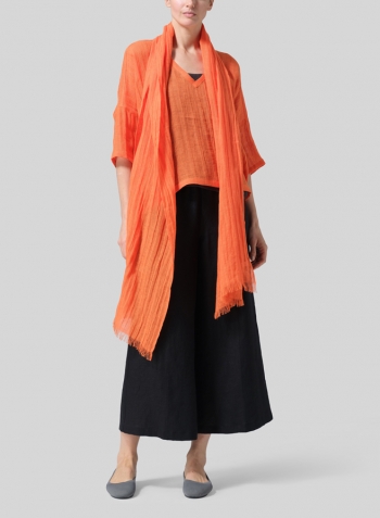 Gauze Orange Linen Loose Deep V-Neck Top with Scarf
