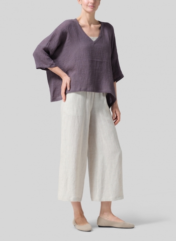 Dim Gray Gauze Linen Loose Deep V-Neck Top