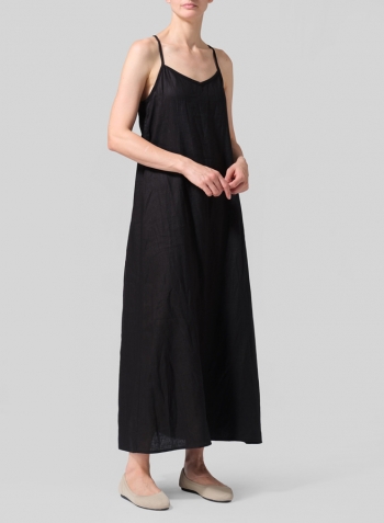 Black Linen A-shape Slip-In Dress