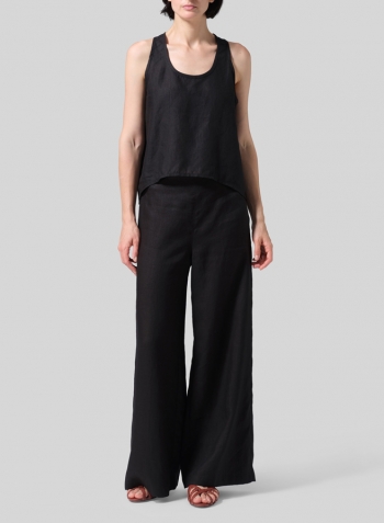 Black Linen Scoop Neck Halter Backs Vest Set