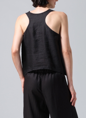 Black Linen Scoop Neck Halter Backs Vest Set
