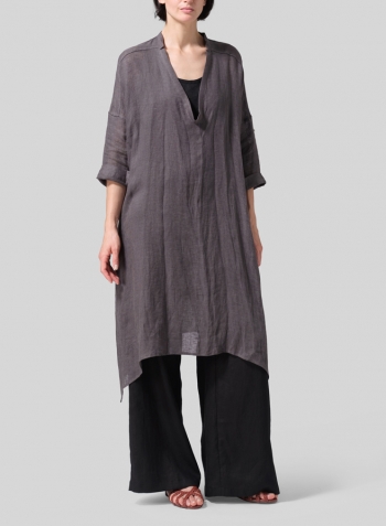 Dark Charcoal Woven Linen Roll Sleeve Deep V-neck Tunic Set