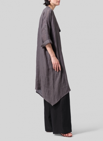 Dark Charcoal Woven Linen Roll Sleeve Deep V-neck Tunic Set