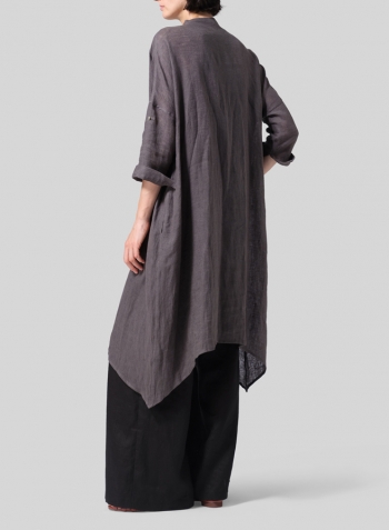 Dark Charcoal Woven Linen Roll Sleeve Deep V-neck Tunic Set