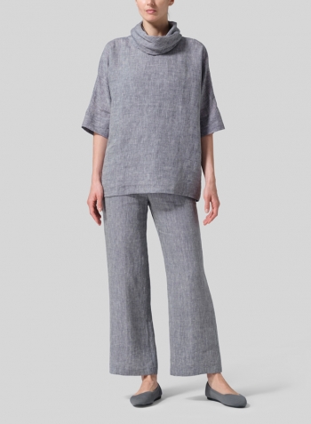 Two Tone Navy White Linen Cowl Neck Top