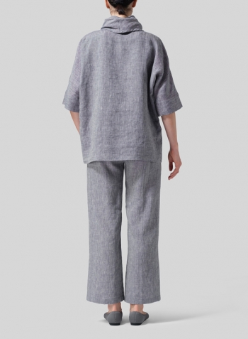 Two Tone Navy White Linen Cowl Neck Top
