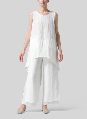 Soft White Linen Hi-Lo Hem Mid-Length Sleeveless Tunic Set