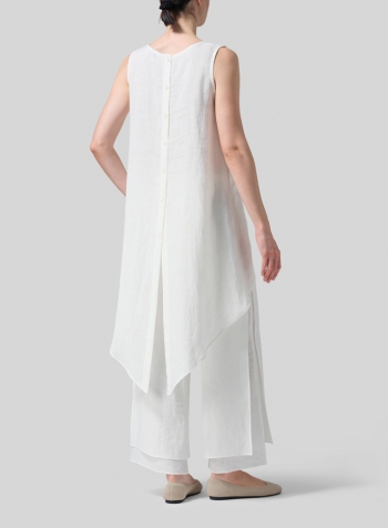 Soft White Linen Hi-Lo Hem Mid-Length Sleeveless Tunic Set
