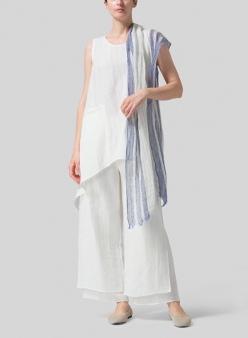 Soft White Linen Hi-Lo Hem Mid-Length Sleeveless Tunic with Scarf