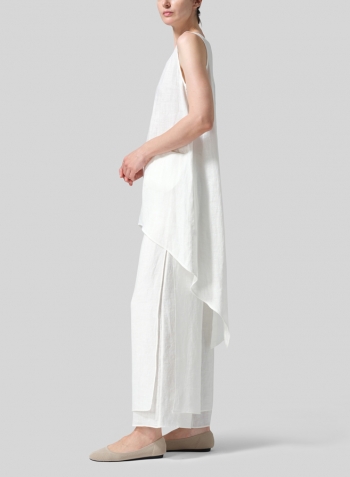 Soft White Linen Hi-Lo Hem Mid-Length Sleeveless Tunic with Scarf