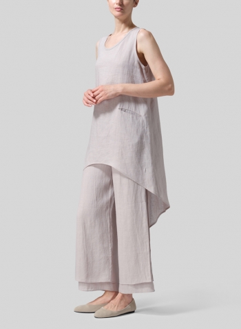 Sand Beige Linen Hi-Lo Hem Mid-Length Sleeveless Tunic Set