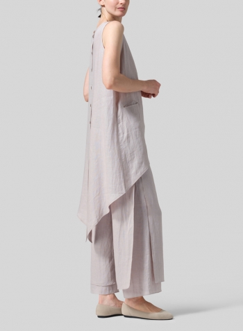 Sand Beige Linen Hi-Lo Hem Mid-Length Sleeveless Tunic Set