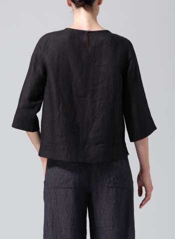 Black Linen V-Neck Short-Sleeved Top