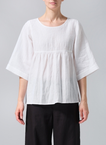 White Linen Hand-Made Pleated Bell Sleeve Blouse