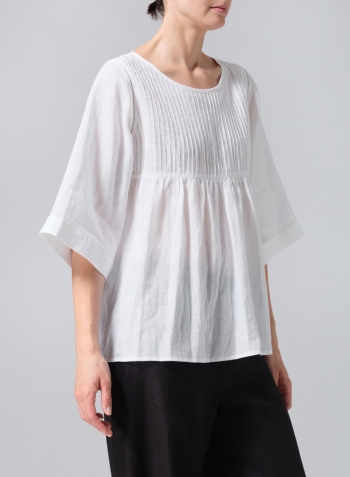White Linen Hand-Made Pleated Bell Sleeve Blouse