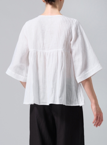 White Linen Hand-Made Pleated Bell Sleeve Blouse